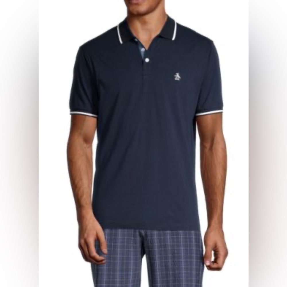 Penguin Activewear Mens Polo Shirt Navy Blue & White Trim Short Sleeves Size M